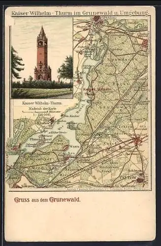 AK Berlin-Grunewald, Kaiser Wilhelm-Turm, Landkarte des Grunewald mit Umgebung