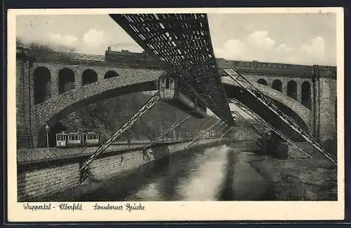 AK Wuppertal-Elberfeld, Sonnborner Brücke, Schwebebahn