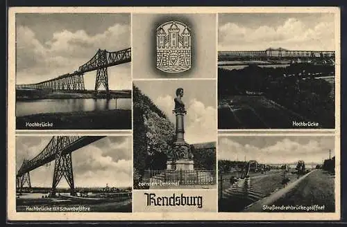 AK Rendsburg, Hochbrücke mit Schwebefähre, Drehbrücke, Lornsen-Denkmal