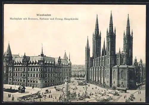 AK Wiesbaden, Marktplatz mit Brunnen, Rathaus und Evang. Hauptkirche