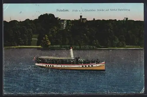 AK Potsdam, Blick v. d. Glienicker Brücke auf Schloss Babelsberg mit Dampfer