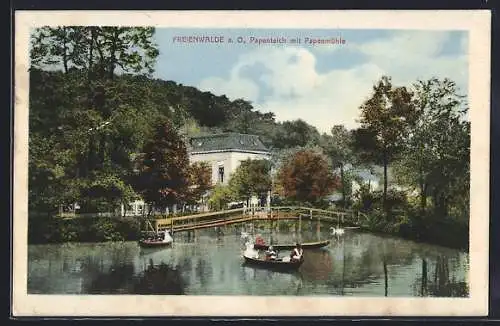 AK Freienwalde a. O., Papenteich mit Papenmühle u. Bootspartie