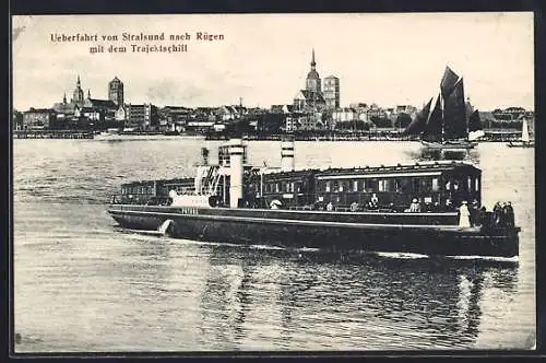 AK Stralsund, Trajektschiff Putbus mit dem D-Zuge auf der Fahrt nach Rügen