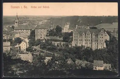 AK Nossen i. Sa., Teilansicht mit Kirche und Schloss aus der Vogelschau
