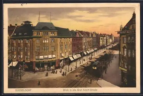 AK Düsseldorf, Graf Adolf-Strasse mit Strassenbahn aus der Vogelschau