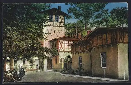 AK Jagdschloss Hubertusstock /Schorfheide, Teilansicht mit Nebengebäuden u. Gästegruppe