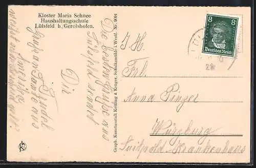 AK Lülsfeld b. Gerolshofen, Kloster Maria Schnee, Haushaltungsschule, Langer See im Garten