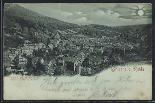 Mondschein-AK Ruhla, Teilansicht mit Bäumen