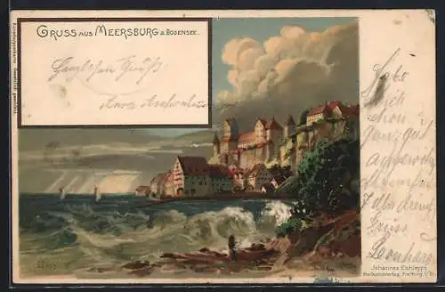 Lithographie Meersburg a. Bodensee, Blick vom Seeufer auf den Ort