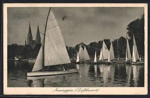 AK Neuruppin, Uferpartie mit Kirche und Segelbooten