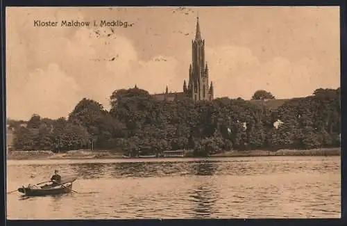 AK Malchow i. Mecklbg., Uferpartie mit Kirche