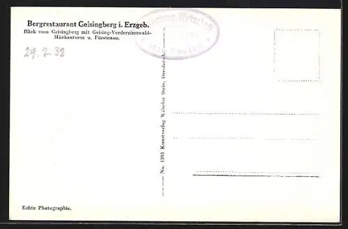 AK Geising i. Erzgeb., Blick vom Bergrestaurant Geisingberg auf den Ort, Mückenturm und Fürstenau