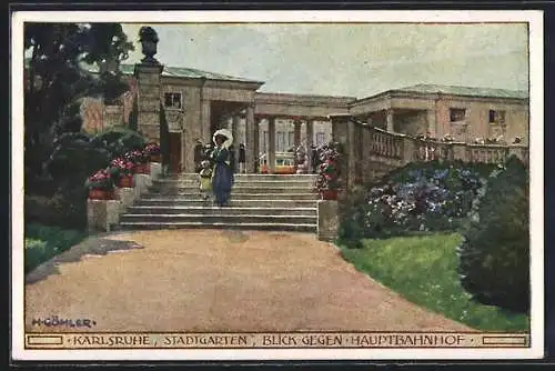Künstler-AK H. Göhler: Karlsruhe, Stadtgarten, Blick zum Hauptbahnhof