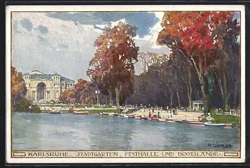 Künstler-AK Karlsruhe, Stadtgarten, Festhalle & Bootslände