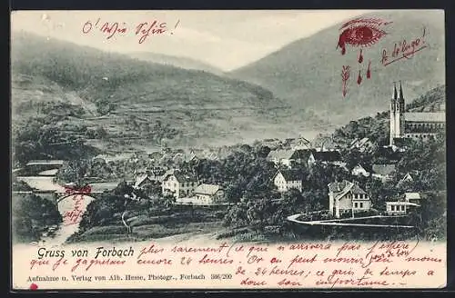 AK Forbach, Ortsansicht mit Brücke u. Bergpanorama