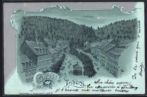 Mondschein-Lithographie Triberg, Marktplatz aus der Vogelschau