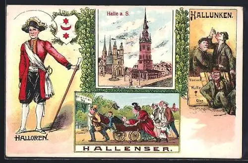 Lithographie Halle a. S., Halloren, Hallunken und Hallenser