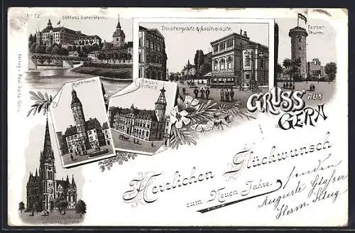 Lithographie Gera, Theaterplatz & Adelheidstrasse, Ferber-Thurm, Postamt