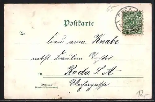 Lithographie Gera, Theaterplatz & Adelheidstrasse, Ferber-Thurm, Postamt