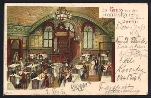 Lithographie Berlin, Gasthaus Franciskaner, Innenansicht, Bogen 6 am Bahnhof Friedrichstrasse