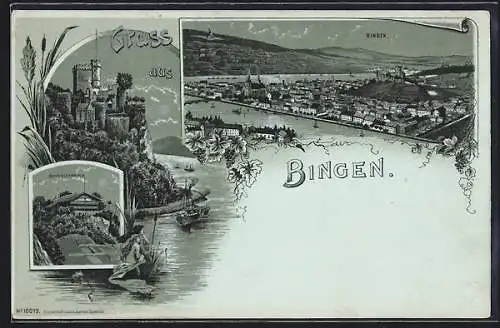 Mondschein-Lithographie Bingen / Rhein, Teilansicht, Burg, Schweizerhaus