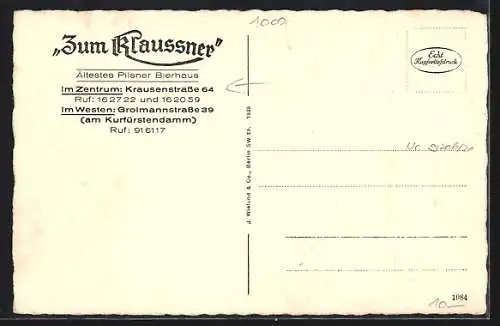 AK Berlin, Restaurant zum Klaussner, Krausenstrasse 64