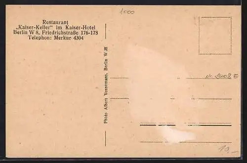 AK Berlin, Restaurant Kaiser-Keller im Kaiser-Hotel, Friedrichstrasse 176-178