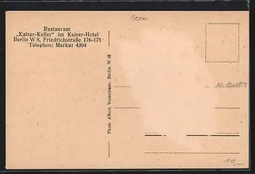 AK Berlin, Restaurant Kaiser-Keller im Kaiser-Hotel, Friedrichstrasse 176-178