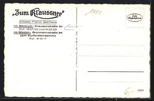 AK Berlin, Gasthaus Klaussner, Im Westen, Grolmannstrasse 39, Innenansicht