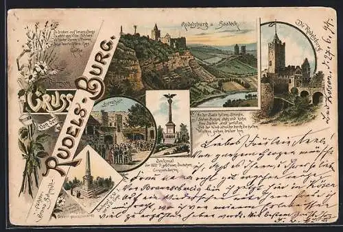 Vorläufer-Lithographie Saaleck, Rudels-Burg, 1894, Corpsstudenten-Denkmal, Burghof, Panorama mit Saaleck