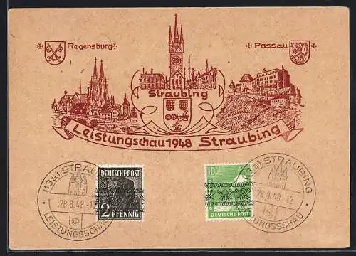 Künstler-AK Straubing, Leistungsschau 1948, Regensburg, Passau, Wappen