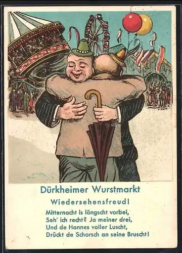 Künstler-AK Dürkheim, Dürkheimer Wurstmarkt, Zwei Männer umarmen sich