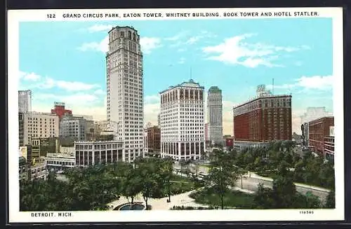 AK Detroit, MI, Grand Circus Park, Eaton Tower, Whitney Building, Book Tower and Hotel Statler