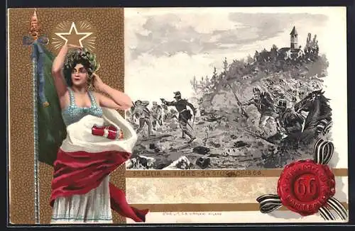 AK 66. Fanteria Reggimento, Italia mit Fahne und Soldaten während Schlacht