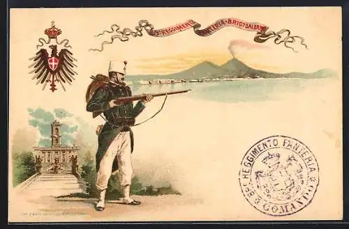 Lithographie Salerno, 89. Reggimento Fanteria-Brig., Blick zum Vesuv, Gebäudeansicht