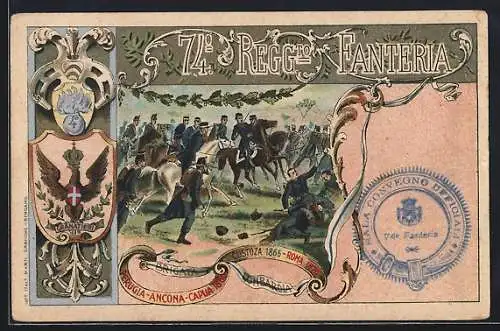 Lithographie 74° Reggimento Fanteria, Granatieri, italienisches Infanterie-Regiment