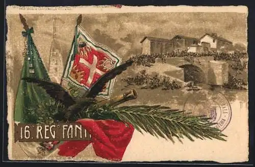 Lithographie 16° Reggimento Fanteria, italienisches Infanterie-Regiment, Fahnen