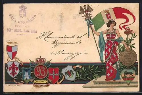 Lithographie 93° Reggimento Fanteria, italienisches Infanterie-Regiment, Wappen, Fahnen