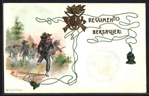 AK Infanterie, 4. Reggimento Bersaglieri, Soldaten stürmen in die Schlacht, Wappen