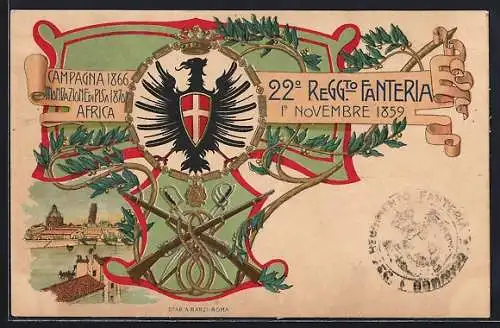 Lithographie 22° Reggimento Fanteria, italienisches Infanterie-Regiment, Wappen