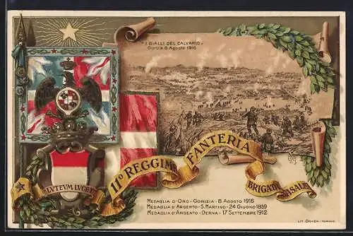 Lithographie 11° Reggimento Fanteria, Brigata Casale, italienisches Infanterie-Regiment, Fahnen