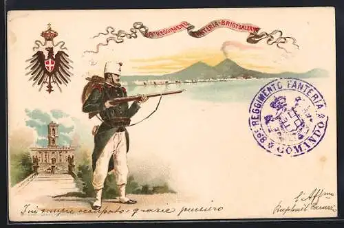 Lithographie Salerno, 89. Reggimento Fanteria-Brig., Blick zum Vesuv, Gebäudeansicht