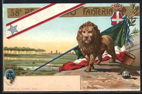 Lithographie 38° Reggimento Fanteria, italienisches Infanterie-Regiment, Löwe und Fahne