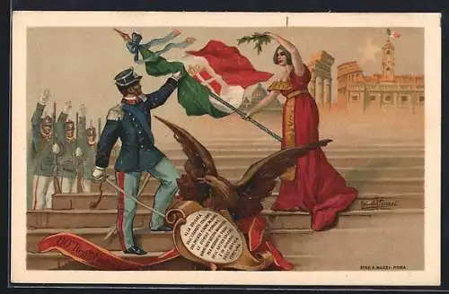 Lithographie 80. Reggimento Fanteria, Soldat nimmt die Fahne entgegen