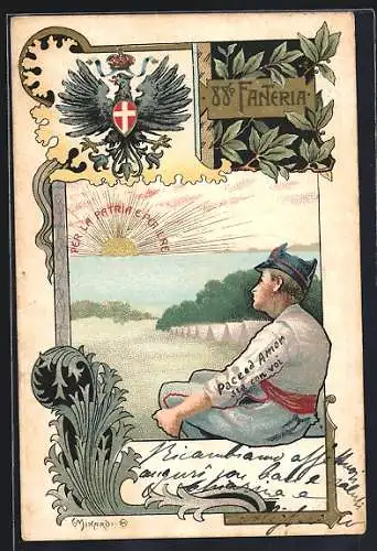 Lithographie 88. Fanteria, Per la Patria e Per il Re, glücklicher Soldat