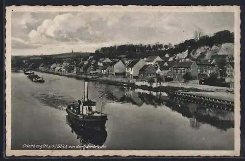 AK Oderberg / Mark, Blick von der Oderbrücke auf Schiffe und Ortschaft