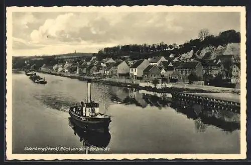 AK Oderberg / Mark, Blick von der Oderbrücke auf Schiffe und Ortschaft