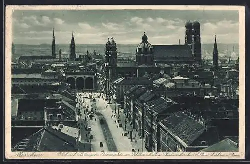AK München, Ludwigstrasse und Odeonsplatz mit Feldherrnhalle und Theatinerkirche, St. Peter, Rathaus und Dom
