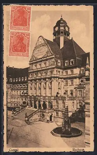 AK Cassel, Rathaus mit Denkmal aus der Vogelschau