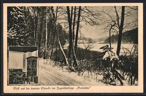 AK Tiefensee / Mark, Blick aus der warmen Ofenecke der Jugendherberge Gamensee